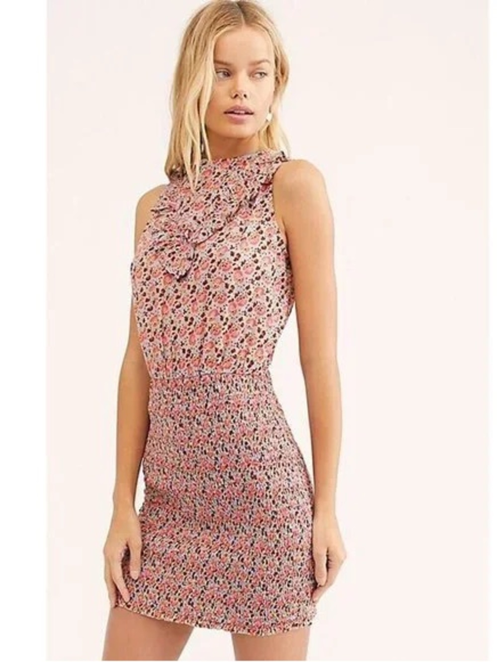 Free People Pink Floral Ruffle-Neck Mini Dress